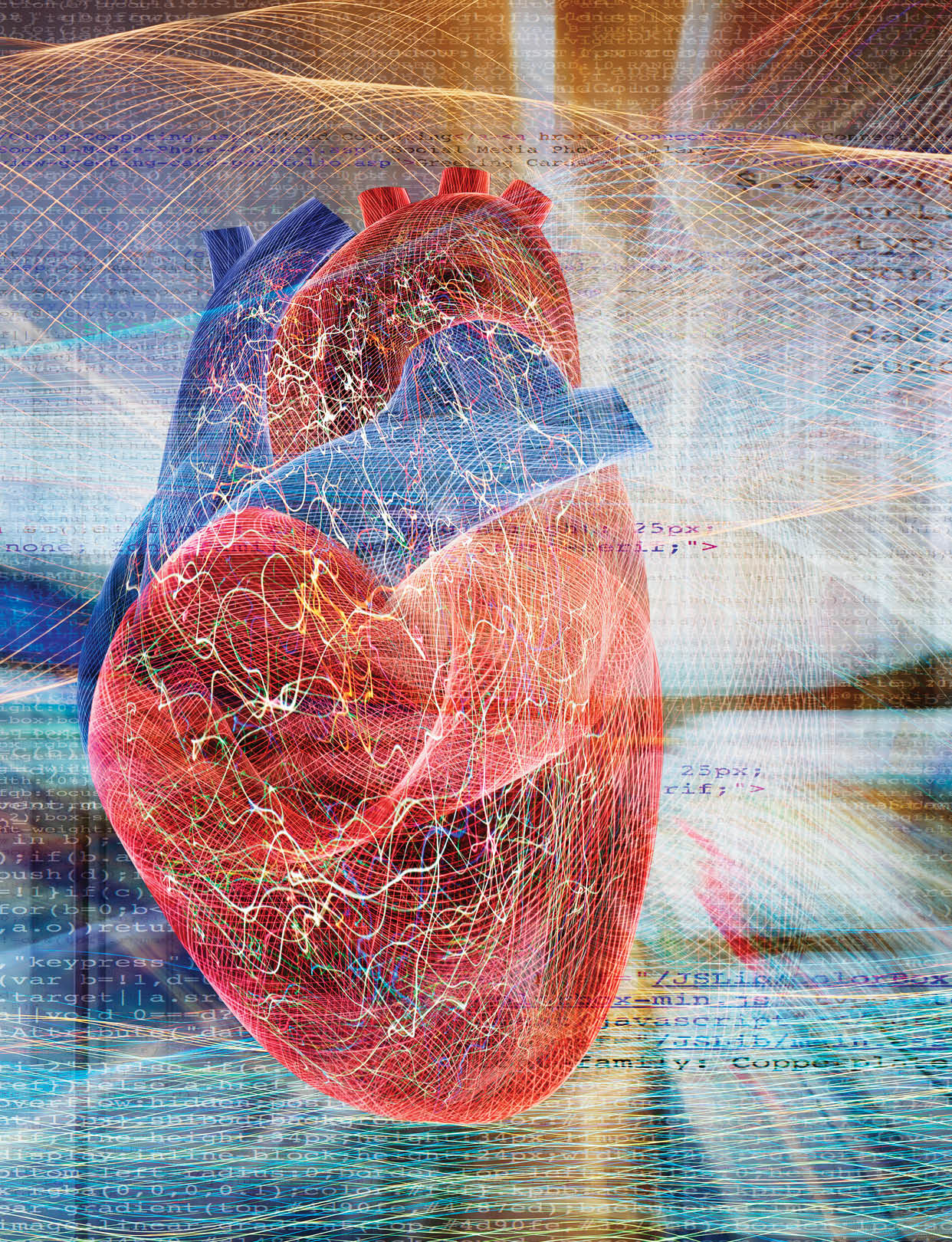 A human heart is seen in the form of energy fields on a backdrop of streaming data, computer code and futuristic data flows.