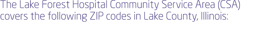 The Lake Forest Hospital Community Service Area (CSA) covers the following ZIP codes in Lake County, Illinois: 