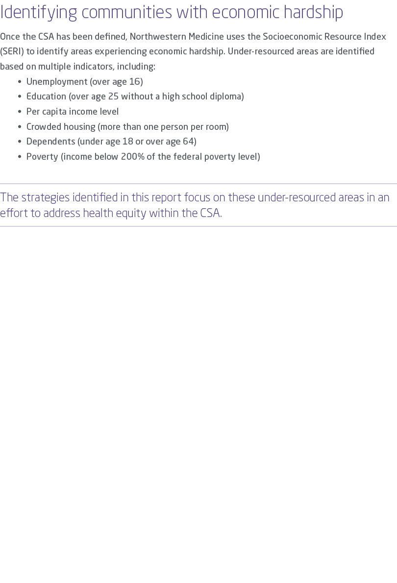 Identifying communities with economic hardship Once the CSA has been defined, Northwestern Medicine uses the Socioeco...