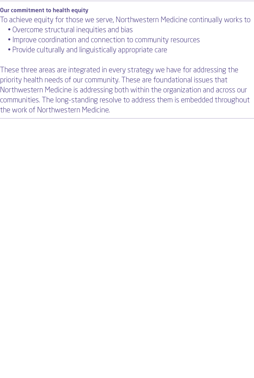 Our commitment to health equity To achieve equity for those we serve, Northwestern Medicine continually works to • Ov...