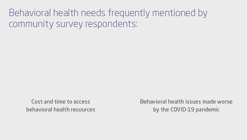 Behavioral health needs frequently mentioned by community survey respondents: Cost and time to access behavioral heal...
