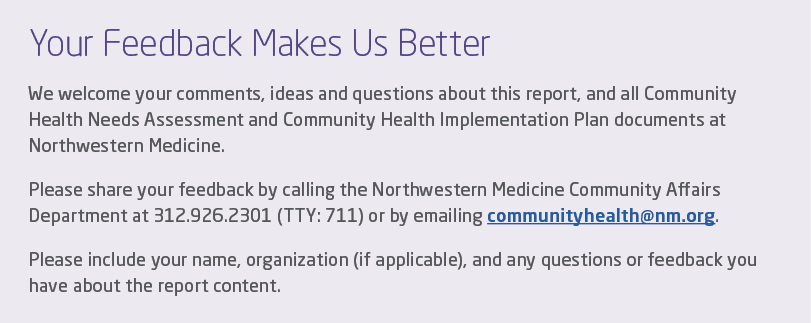Your Feedback Makes Us Better We welcome your comments, ideas and questions about this report, and all Community Heal...