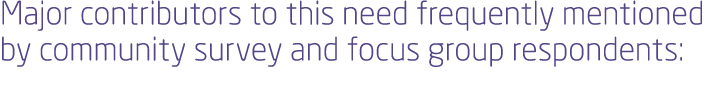 Major contributors to this need frequently mentioned by community survey and focus group respondents: