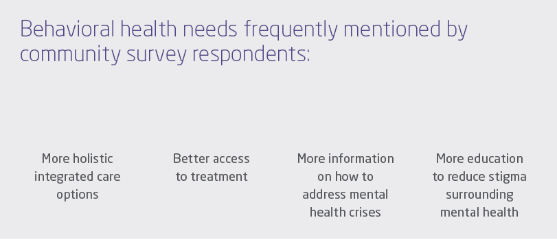 Behavioral health needs frequently mentioned by community survey respondents: More holistic integrated care options B...