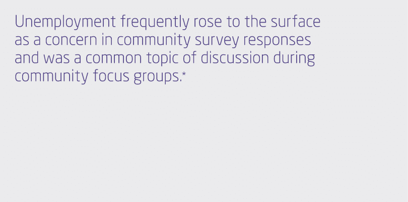 Unemployment frequently rose to the surface as a concern in community survey responses and was a common topic of disc...