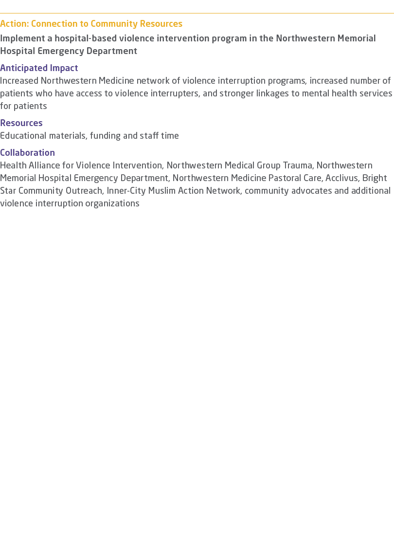  Action: Connection to Community Resources Implement a hospital based violence intervention program in the Northweste...
