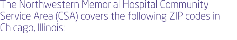 The Northwestern Memorial Hospital Community Service Area (CSA) covers the following ZIP codes in Chicago, Illinois: 