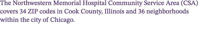 The Northwestern Memorial Hospital Community Service Area (CSA) covers 34 ZIP codes in Cook County, Illinois and 36 n...