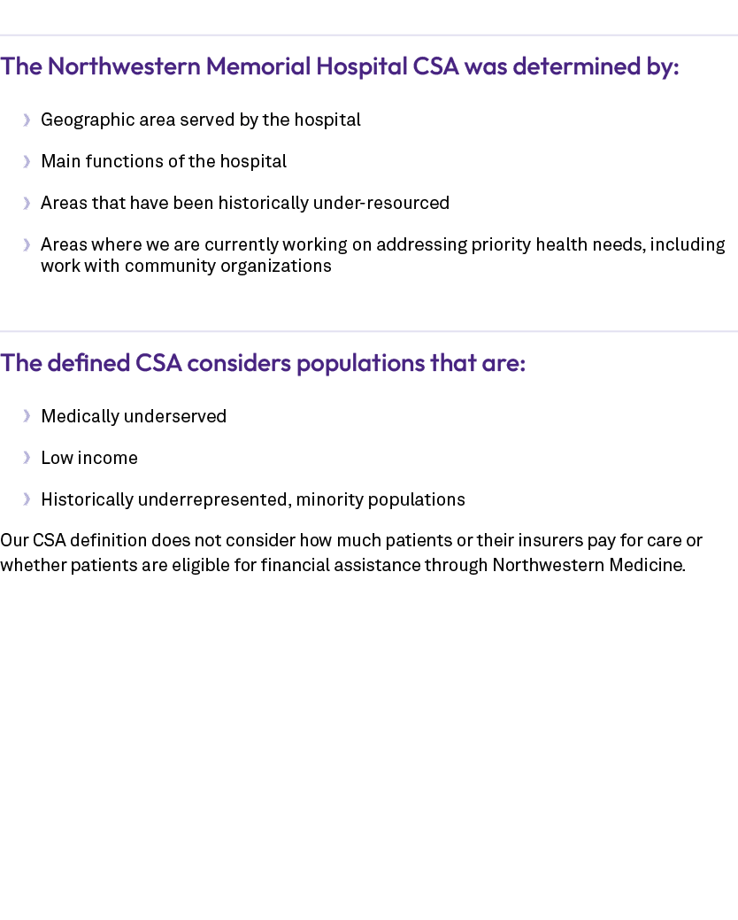 The Northwestern Memorial Hospital CSA was determined by: • Geographic area served by the hospital • Main functions o...