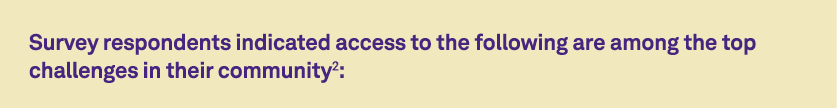 Survey respondents indicated access to the following are among the top challenges in their community2: