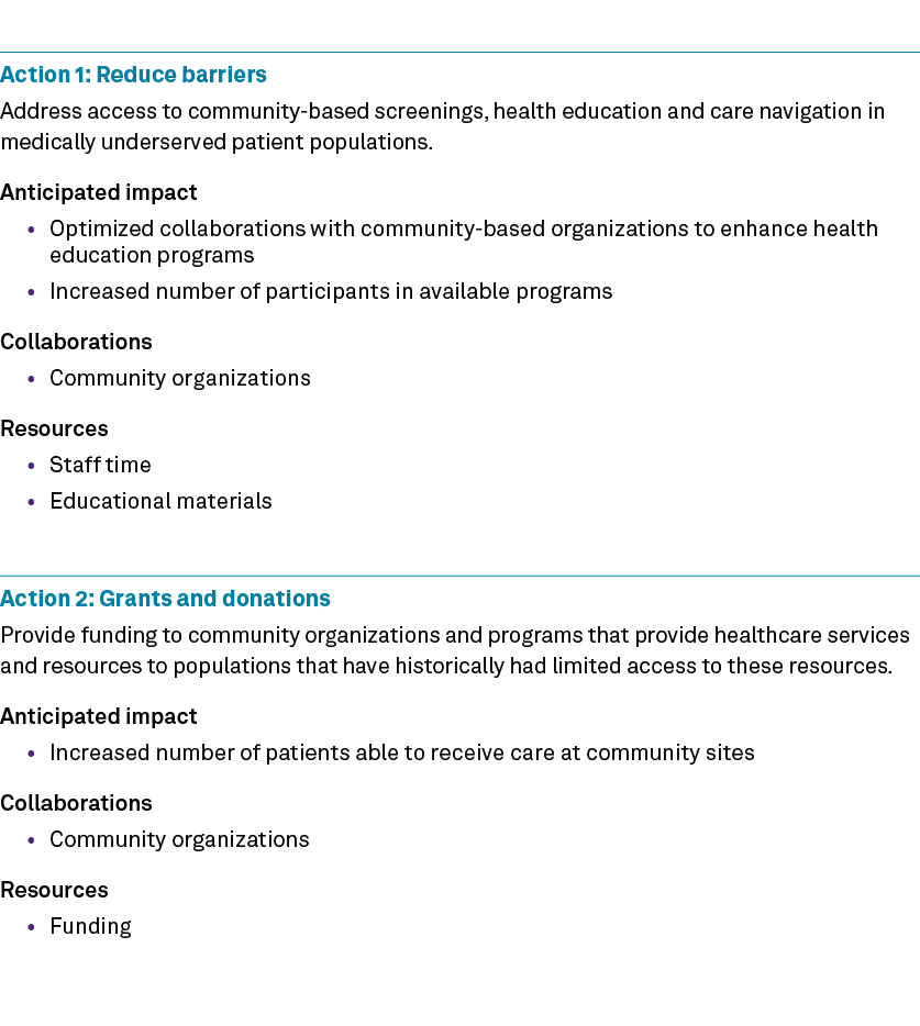 Action 1: Reduce barriers Address access to community based screenings, health education and care navigation in medic...