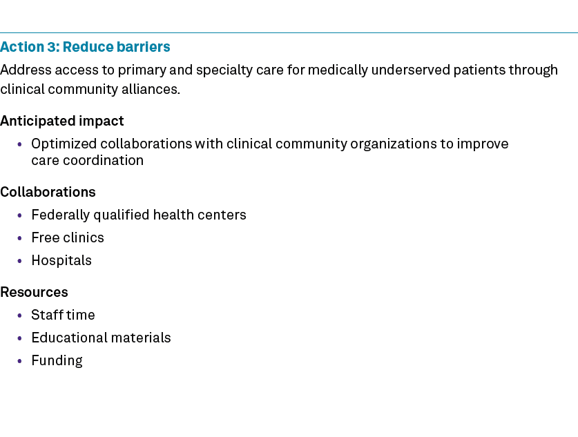 Action 3: Reduce barriers Address access to primary and specialty care for medically underserved patients through cli...