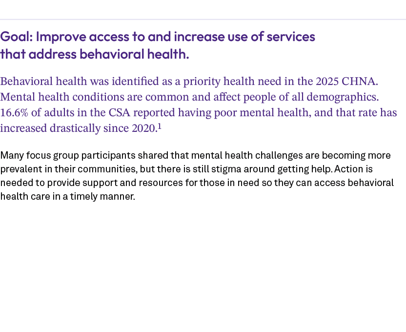 Goal: Improve access to and increase use of services that address behavioral health. Behavioral health was identified...