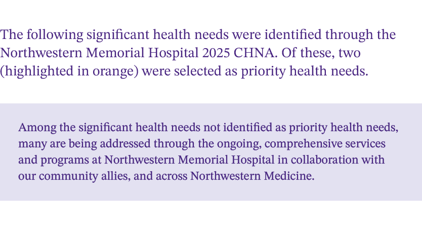 The following significant health needs were identified through the Northwestern Memorial Hospital 2025 CHNA. Of these...