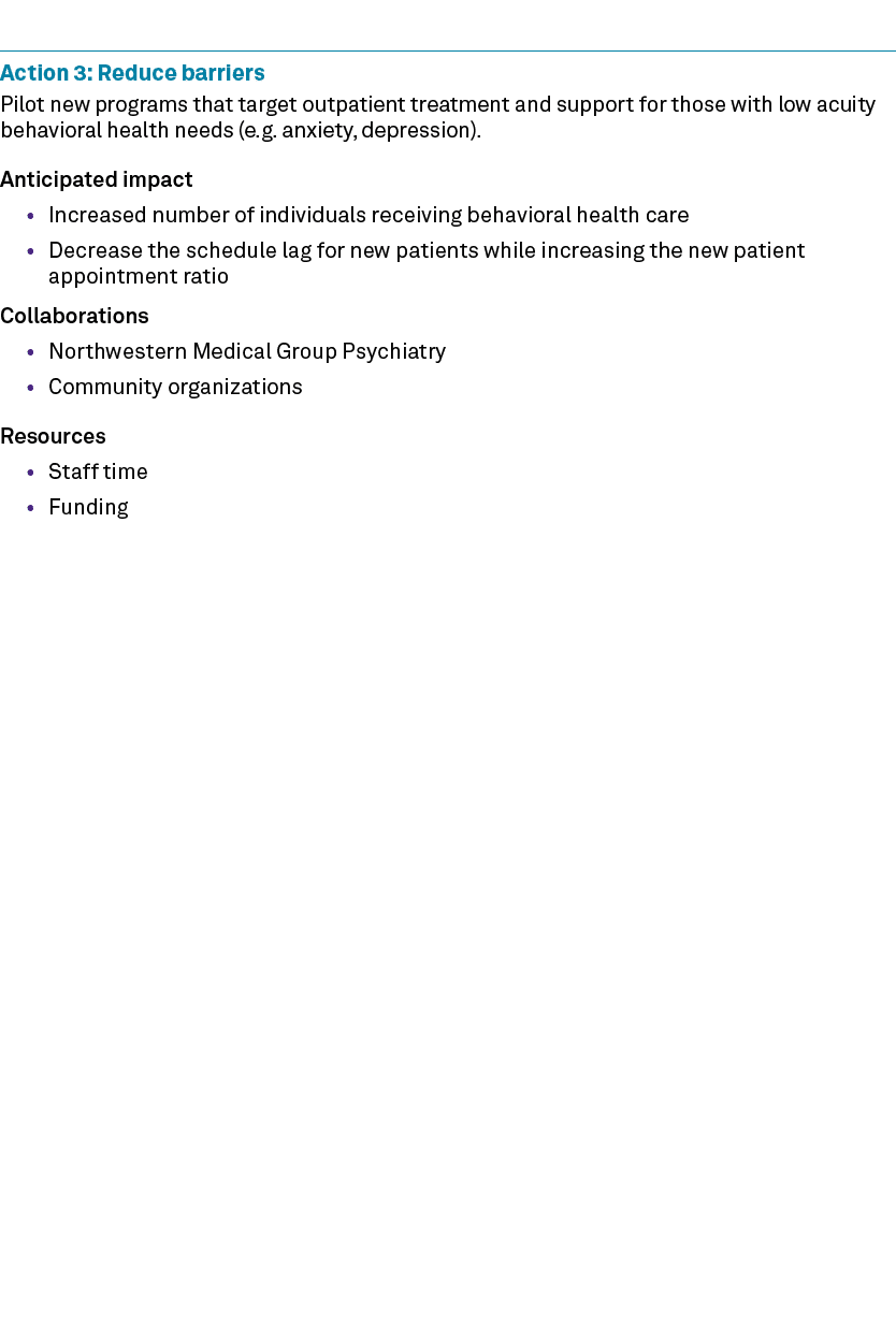 Action 3: Reduce barriers Pilot new programs that target outpatient treatment and support for those with low acuity b...
