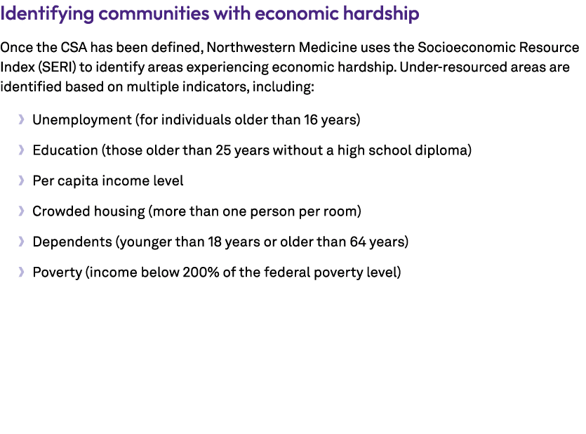 Identifying communities with economic hardship Once the CSA has been defined, Northwestern Medicine uses the Socioeco...