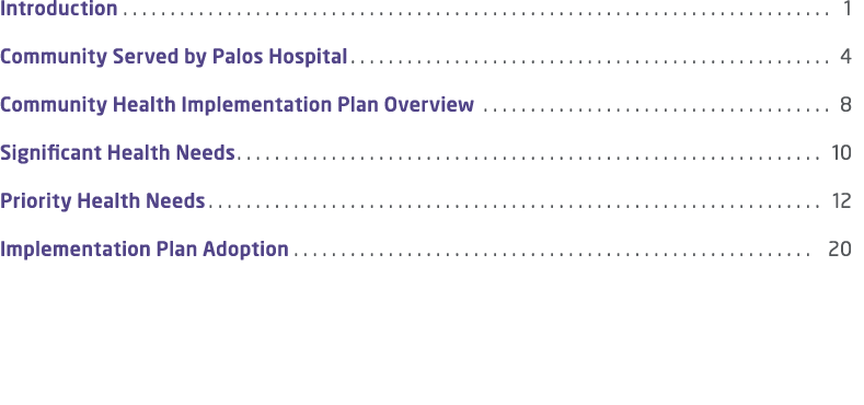 Introduction  1 Community Served by Palos Hospital  4 Community Health Implementation Plan Overview  8 Significant He   