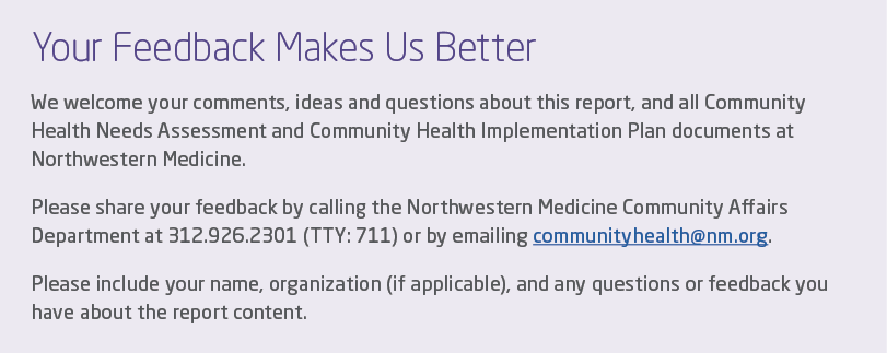 Your Feedback Makes Us Better We welcome your comments, ideas and questions about this report, and all Community Heal   