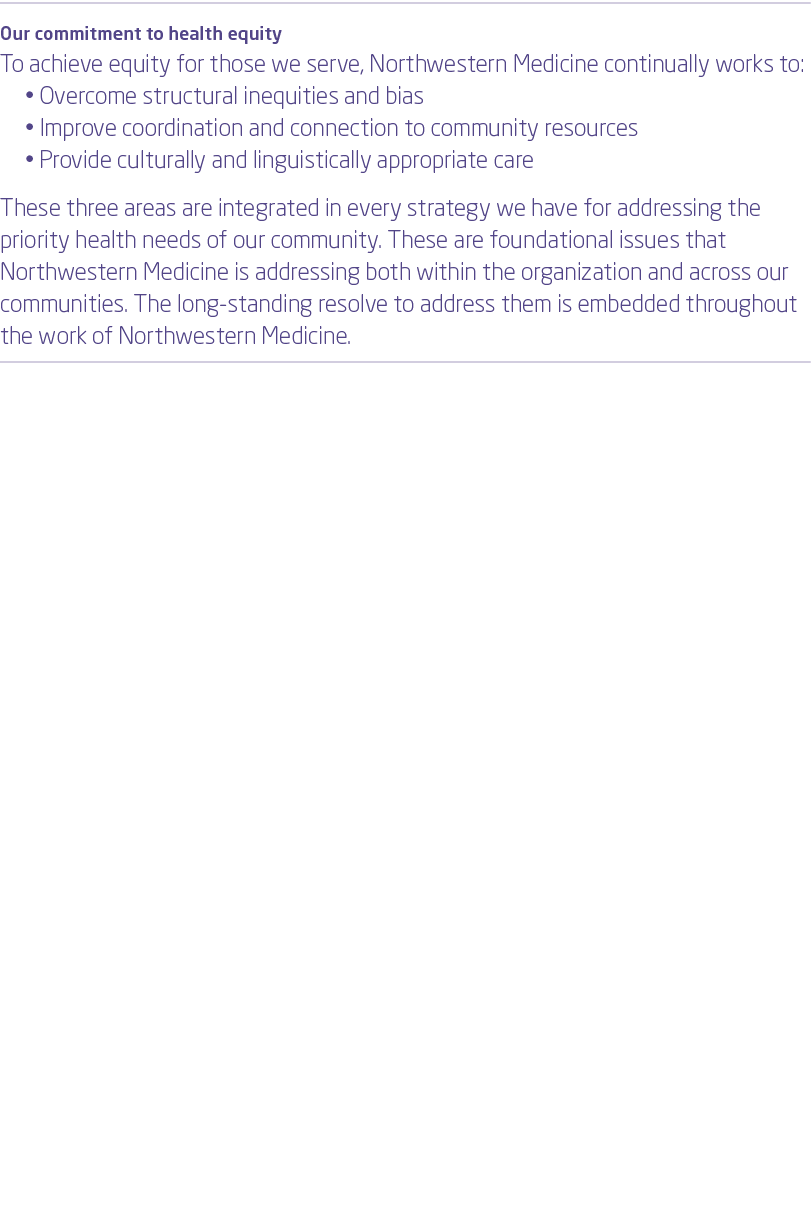 Our commitment to health equity To achieve equity for those we serve, Northwestern Medicine continually works to:       
