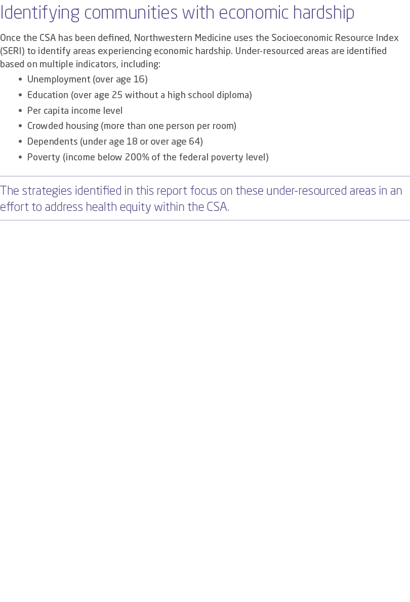 Identifying communities with economic hardship Once the CSA has been defined, Northwestern Medicine uses the Socioeco   