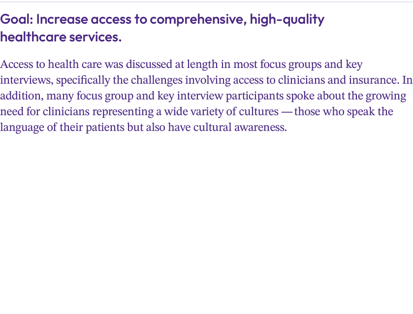 Goal: Increase access to comprehensive, high quality healthcare services. Access to health care was discussed at leng...