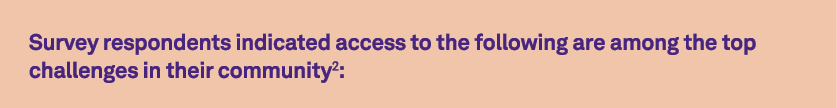 Survey respondents indicated access to the following are among the top challenges in their community2:
