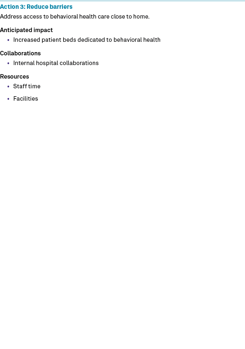 Action 3: Reduce barriers Address access to behavioral health care close to home. Anticipated impact • Increased pati...