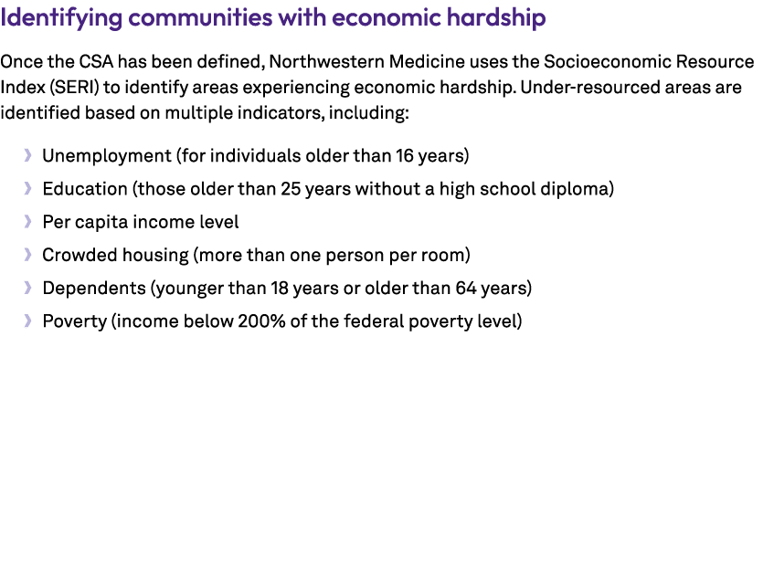 Identifying communities with economic hardship Once the CSA has been defined, Northwestern Medicine uses the Socioeco...