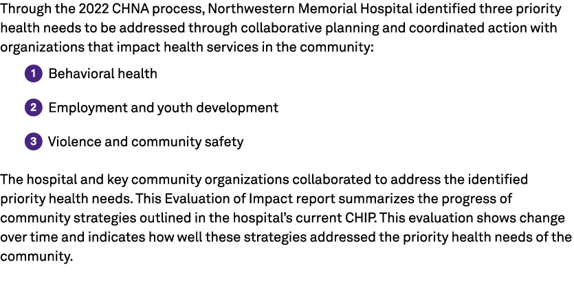 Through the 2022 CHNA process, Northwestern Memorial Hospital identified three priority health needs to be addressed ...