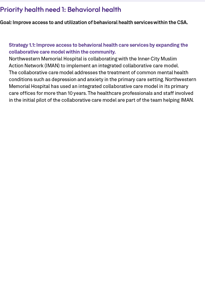 Priority health need 1: Behavioral health Goal: Improve access to and utilization of behavioral health services withi...