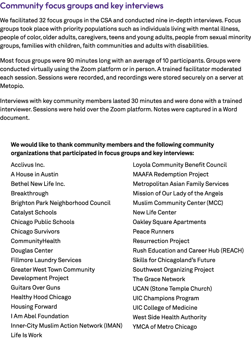Community focus groups and key interviews We facilitated 32 focus groups in the CSA and conducted nine in depth inter...