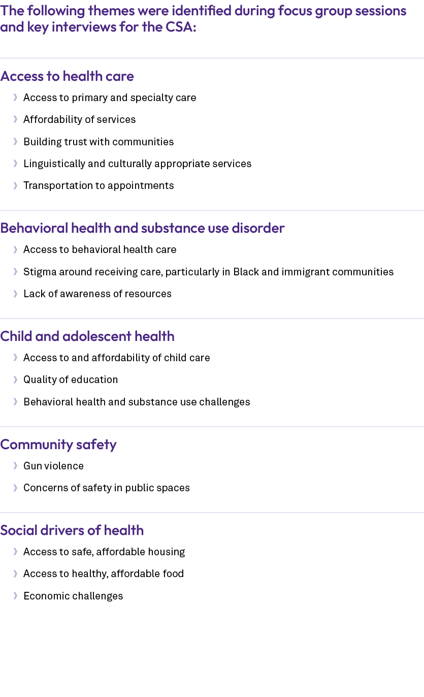 The following themes were identified during focus group sessions and key interviews for the CSA: Access to health car...