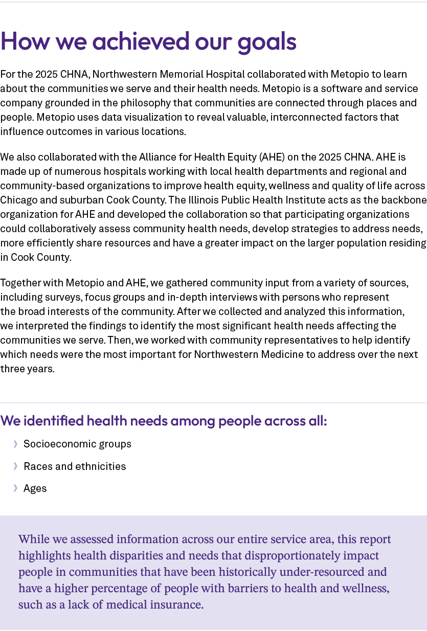 How we achieved our goals For the 2025 CHNA, Northwestern Memorial Hospital collaborated with Metopio to learn about ...