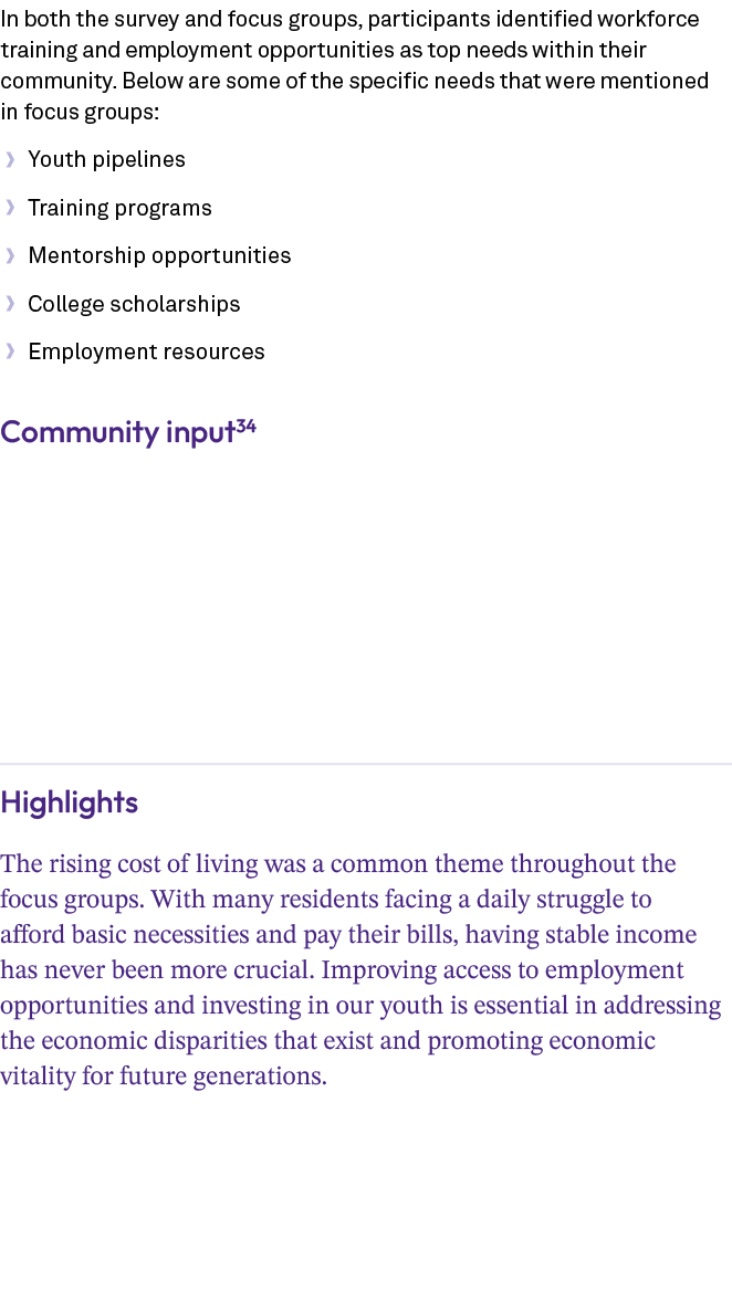 In both the survey and focus groups, participants identified workforce training and employment opportunities as top n...