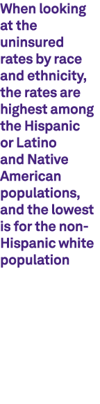 When looking at the uninsured rates by race and ethnicity, the rates are highest among the Hispanic or Latino and Nat...