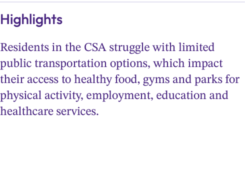 Highlights Residents in the CSA struggle with limited public transportation options, which impact their access to hea...
