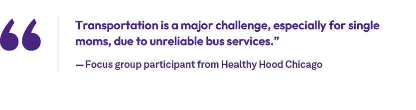 Transportation is a major challenge, especially for single moms, due to unreliable bus services.” — Focus group parti...