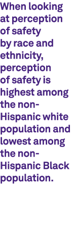 When looking at perception of safety by race and ethnicity, perception of safety is highest among the non Hispanic wh...