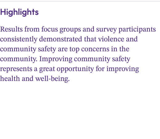 Highlights Results from focus groups and survey participants consistently demonstrated that violence and community sa...