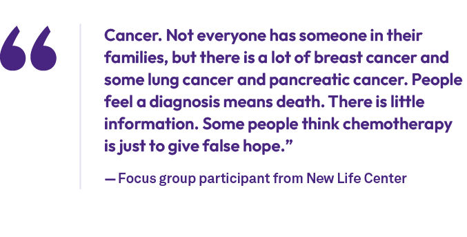 Cancer. Not everyone has someone in their families, but there is a lot of breast cancer and some lung cancer and panc...