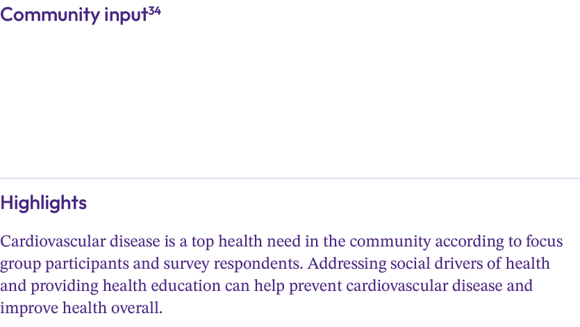 Community input34 Highlights Cardiovascular disease is a top health need in the community according to focus group pa...