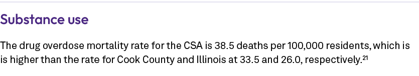 Substance use The drug overdose mortality rate for the CSA is 38.5 deaths per 100,000 residents, which is is higher t...