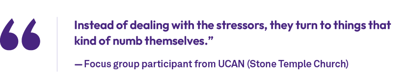 Instead of dealing with the stressors, they turn to things that kind of numb themselves.” — Focus group participant f...