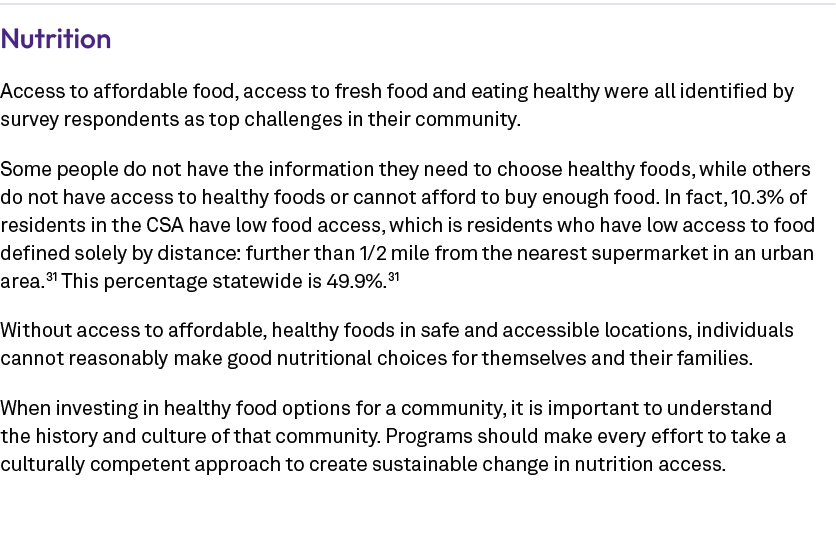 Nutrition Access to affordable food, access to fresh food and eating healthy were all identified by survey respondent...