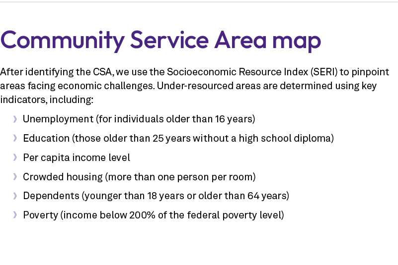 Community Service Area map After identifying the CSA, we use the Socioeconomic Resource Index (SERI) to pinpoint area...