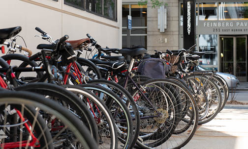 The commuters bik rack outside the Feinberg Family pavilion.