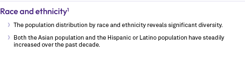 Race and ethnicity1 • The population distribution by race and ethnicity reveals significant diversity. • Both the Asi...