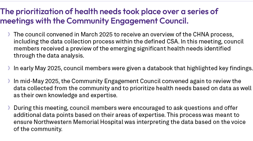 The prioritization of health needs took place over a series of meetings with the Community Engagement Council. • The ...