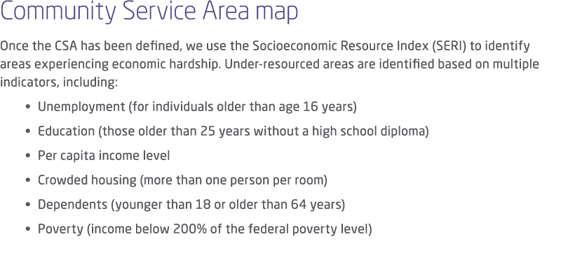 Community Service Area map Once the CSA has been defined, we use the Socioeconomic Resource Index (SERI) to identify ...