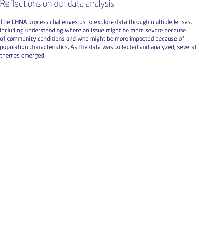 Reflections on our data analysis The CHNA process challenges us to explore data through multiple lenses, including un...